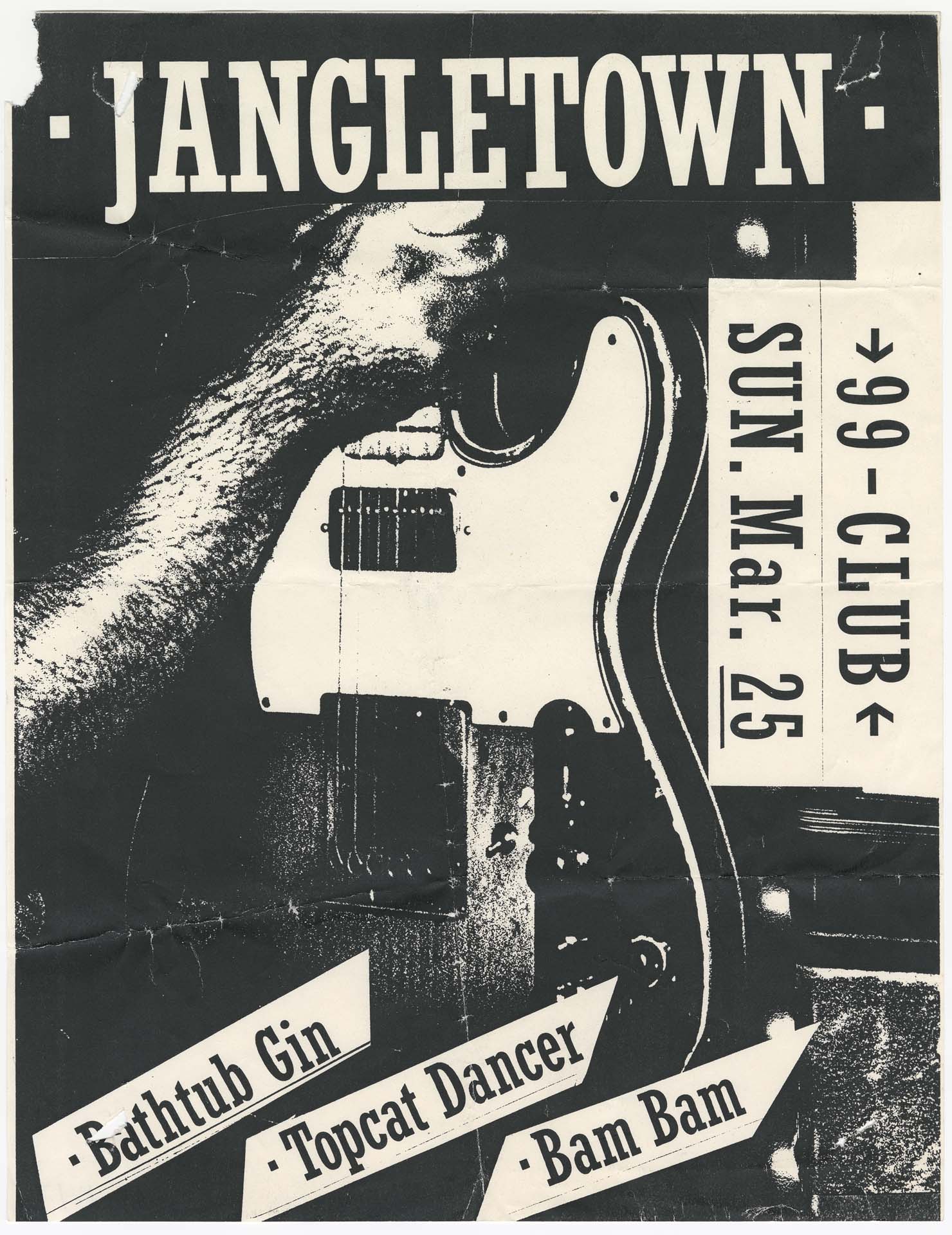 Image of Jangletown, Bathtub Gin, Topcat Dancer, and Bam Bam concert poster, circa 1990