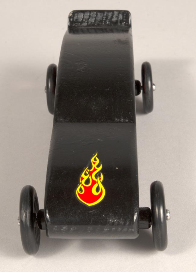 Image of Black and sporty pinewood derby car, one of four, made by Jim Smith, ca. 1995-2010