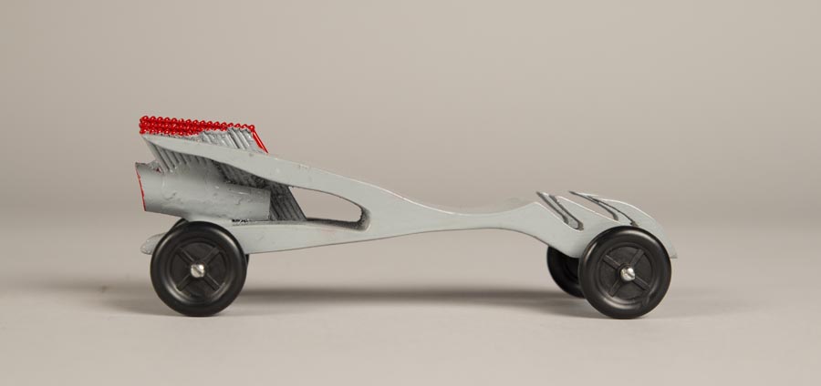 Image of Futuristic pinewood derby car, one of four, made by Jim Smith, ca. 1995-2010