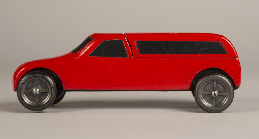 Image of Pinewood derby truck, one of four cars made by Jim Smith, ca. 1995-2010