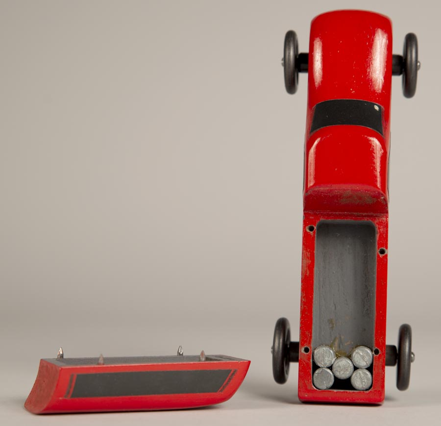 Image of Pinewood derby truck, one of four cars made by Jim Smith, ca. 1995-2010