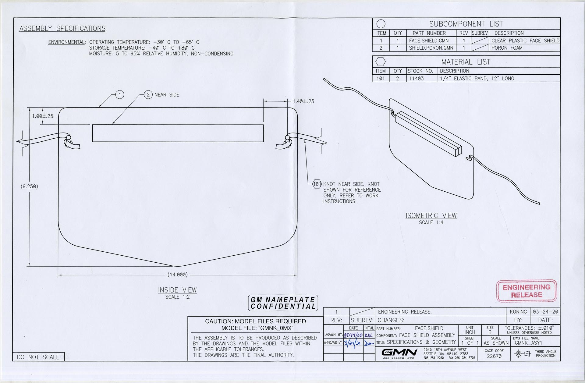 Image of GM Nameplate face shield specifications and geometry drawing, March 24, 2020