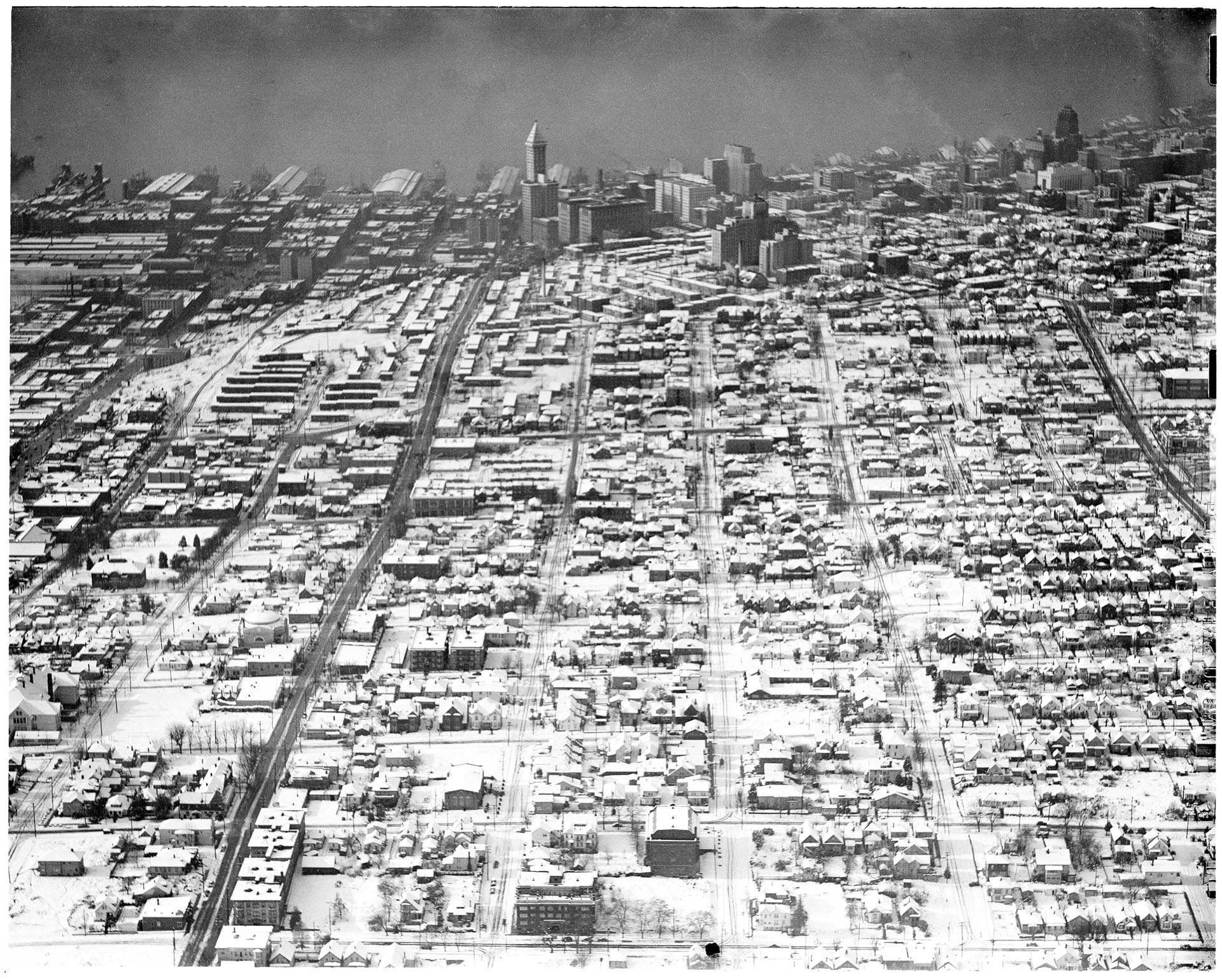 Image of Aerial view of the Central Area after snowstorm, November 22, 1946