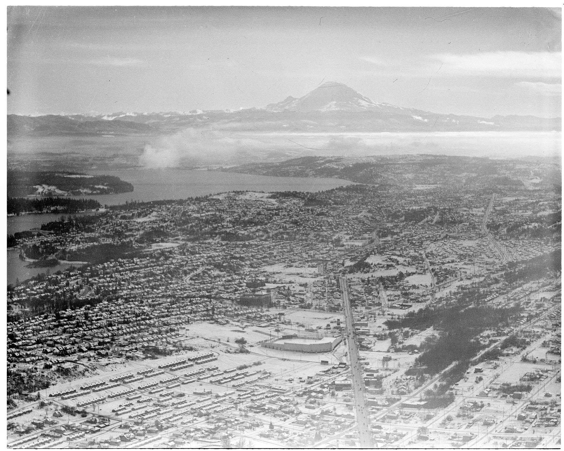 Image of Aerial view of the Rainier Valley after snowstorm, November 22, 1946