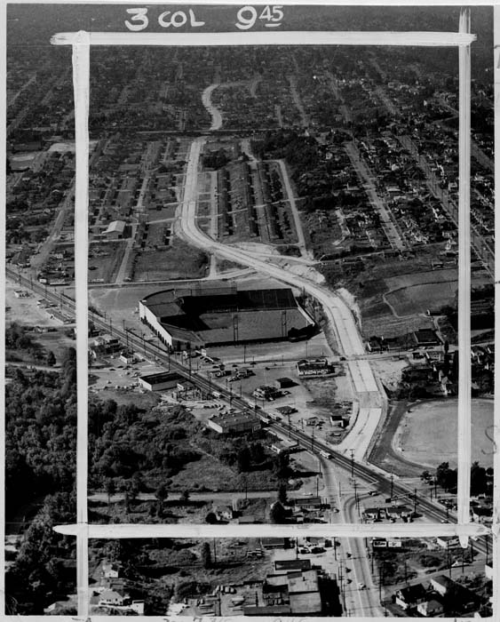 Image of Aerial view of Empire Way and Sick's Stadium, July 11, 1953