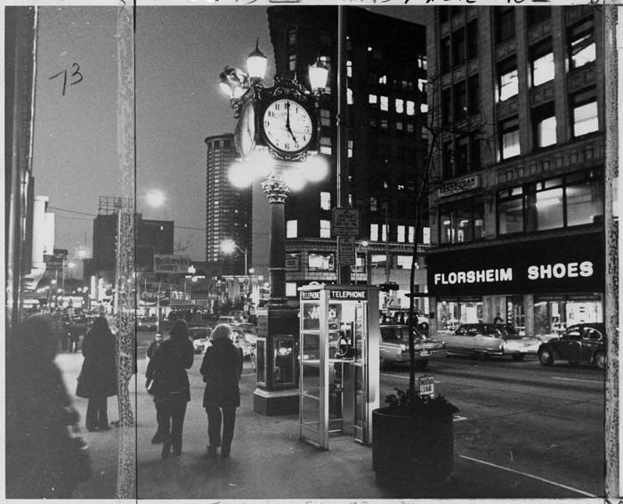 Image of Carroll's Fine Jewelry street clock on Fourth Avenue, Seattle, January 4, 1974