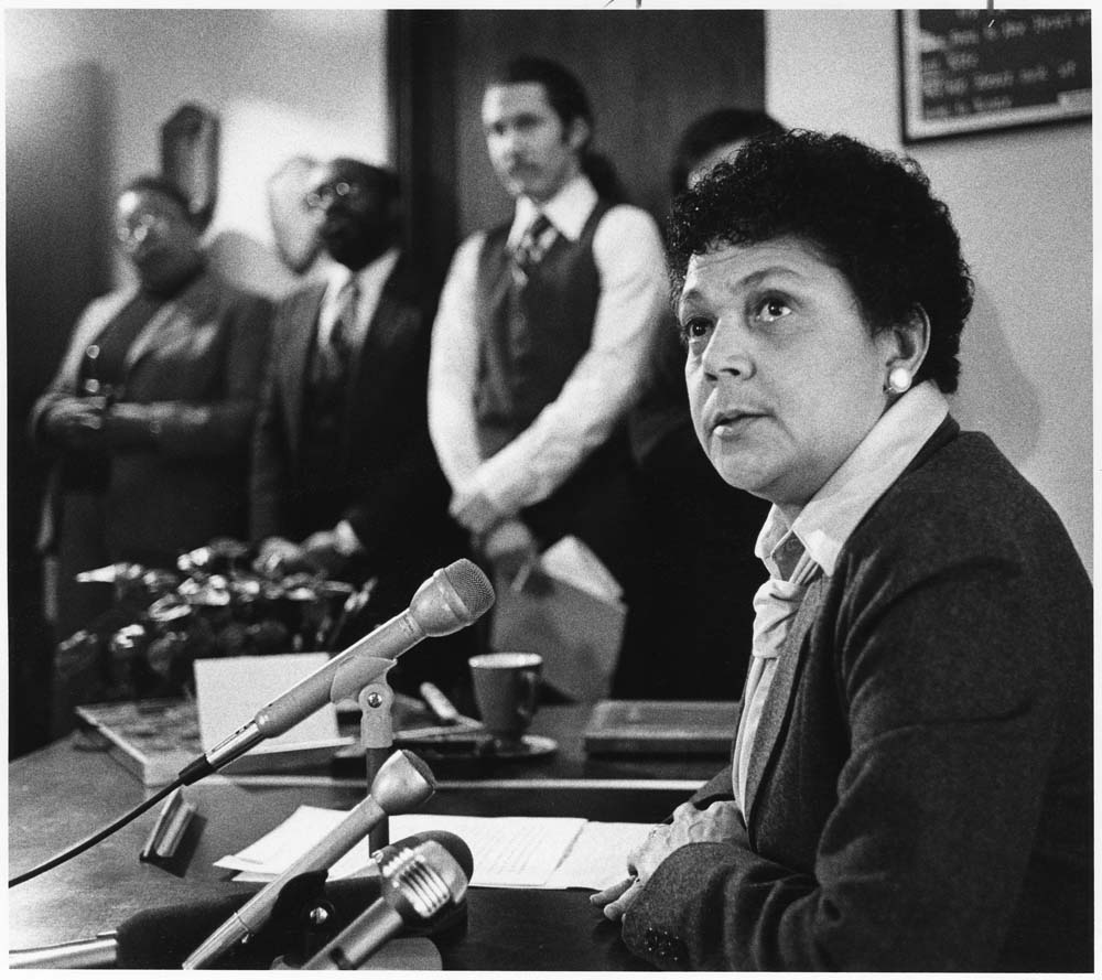 Image of Vivian Caver at press conference, Seattle, February 1980
