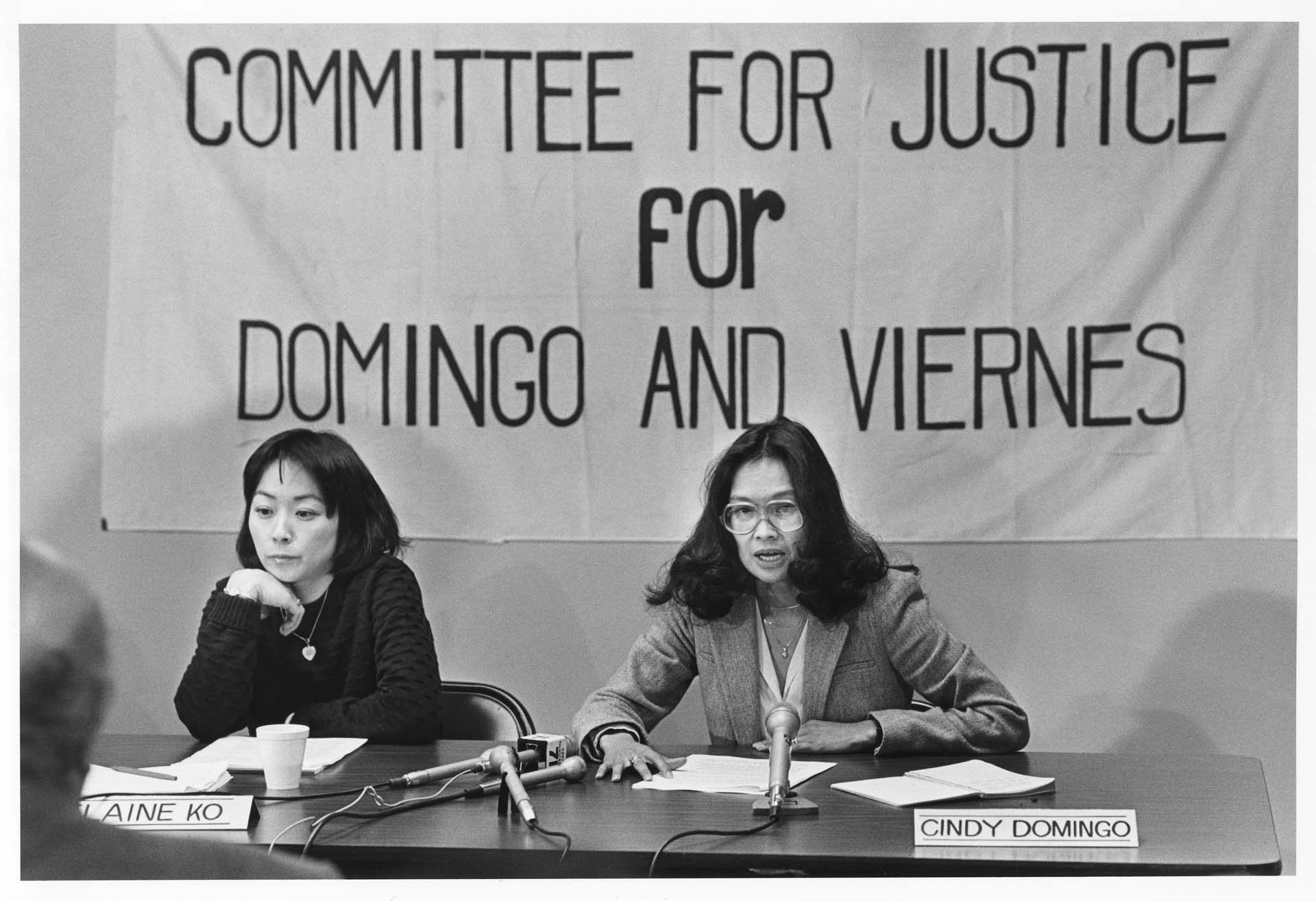 Image of Elaine Ko and Cindy Domingo speaking at press conference, Seattle, January 25, 1983