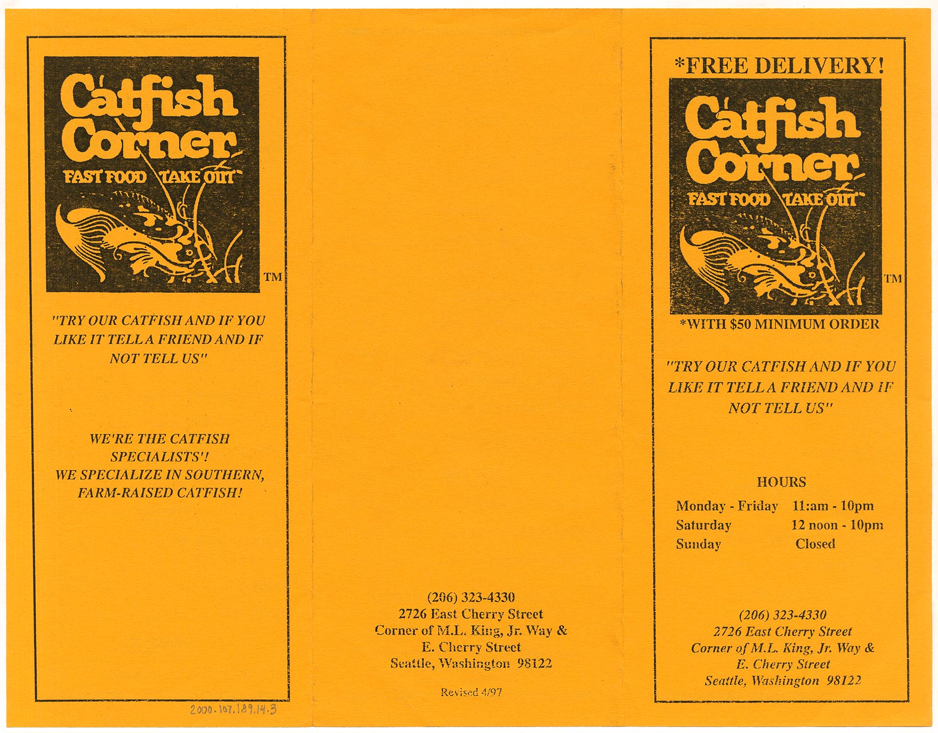 Image of Catfish Corner menu, 1997
