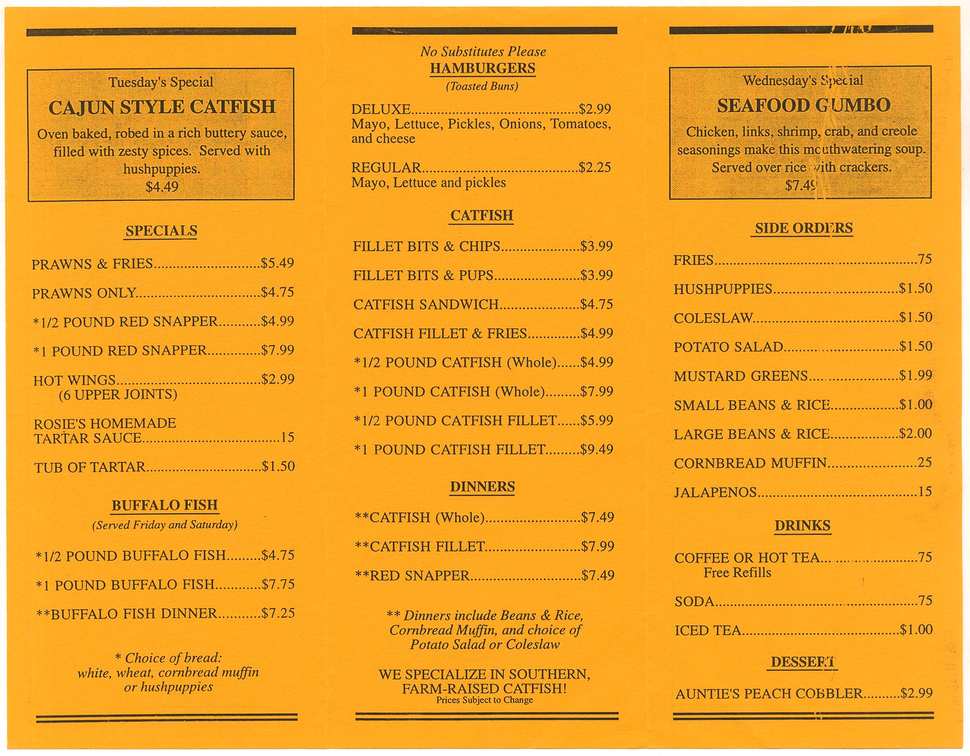 Image of Catfish Corner menu, 1997