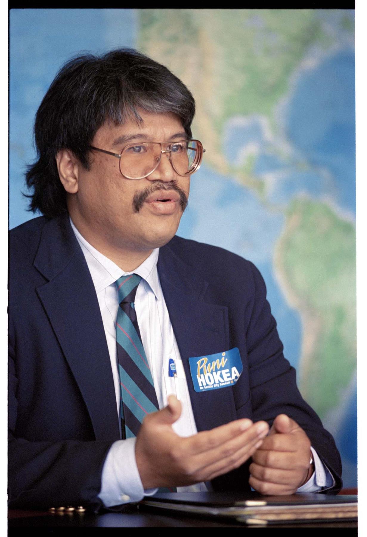 Image of Puni Hokea during campaign for City Council seat, August 1993