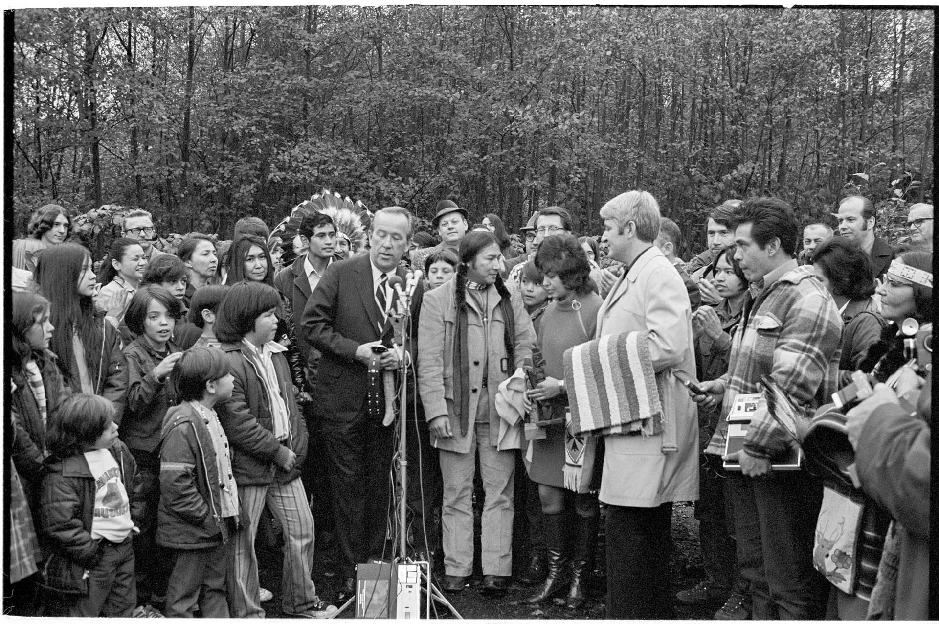 Image of Senator Jackson speaking at site dedication for Native cultural center at Fort Lawton, November 14, 1971