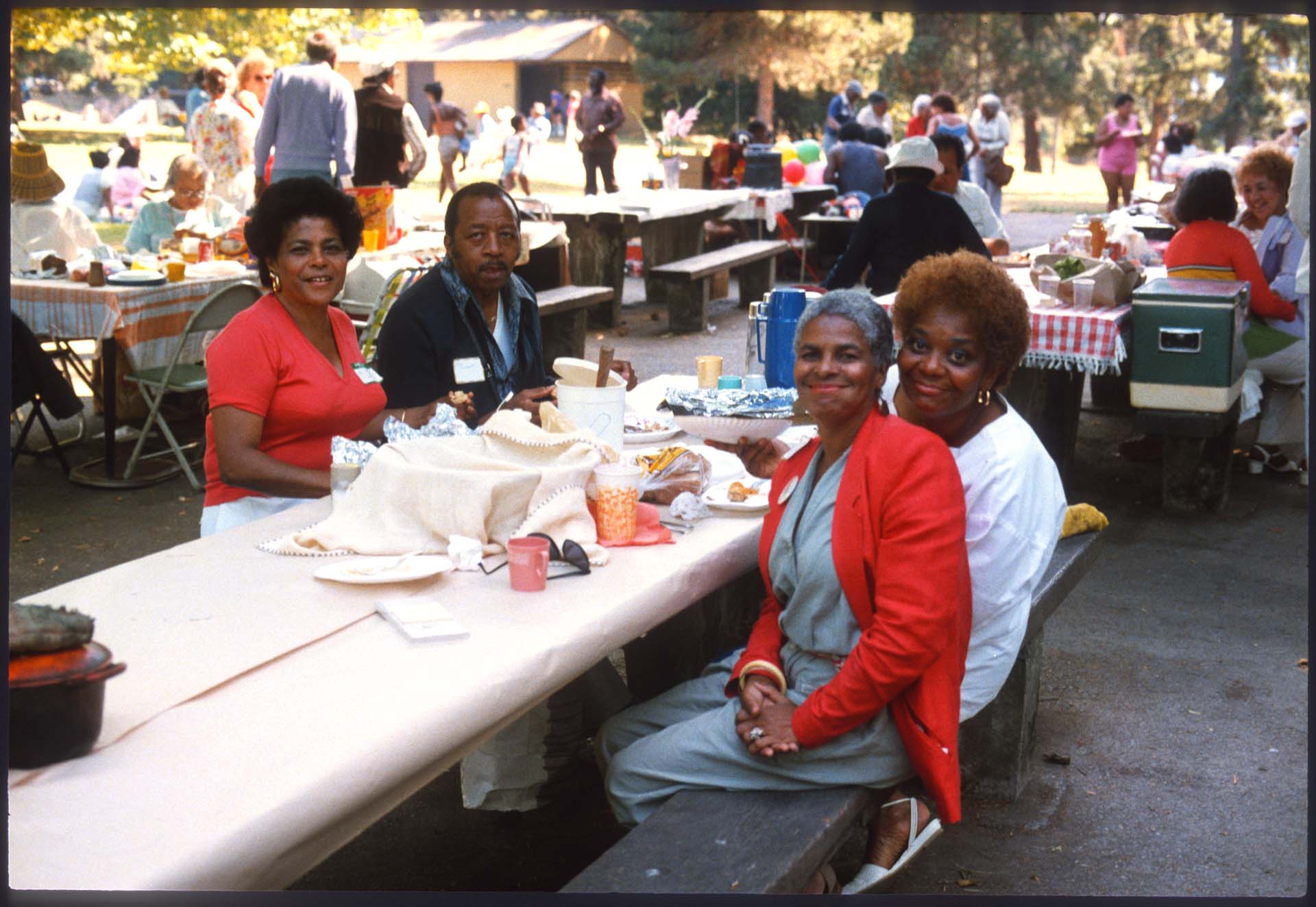 Image of Group around table at ROOTS family picnic, Seattle, 1984