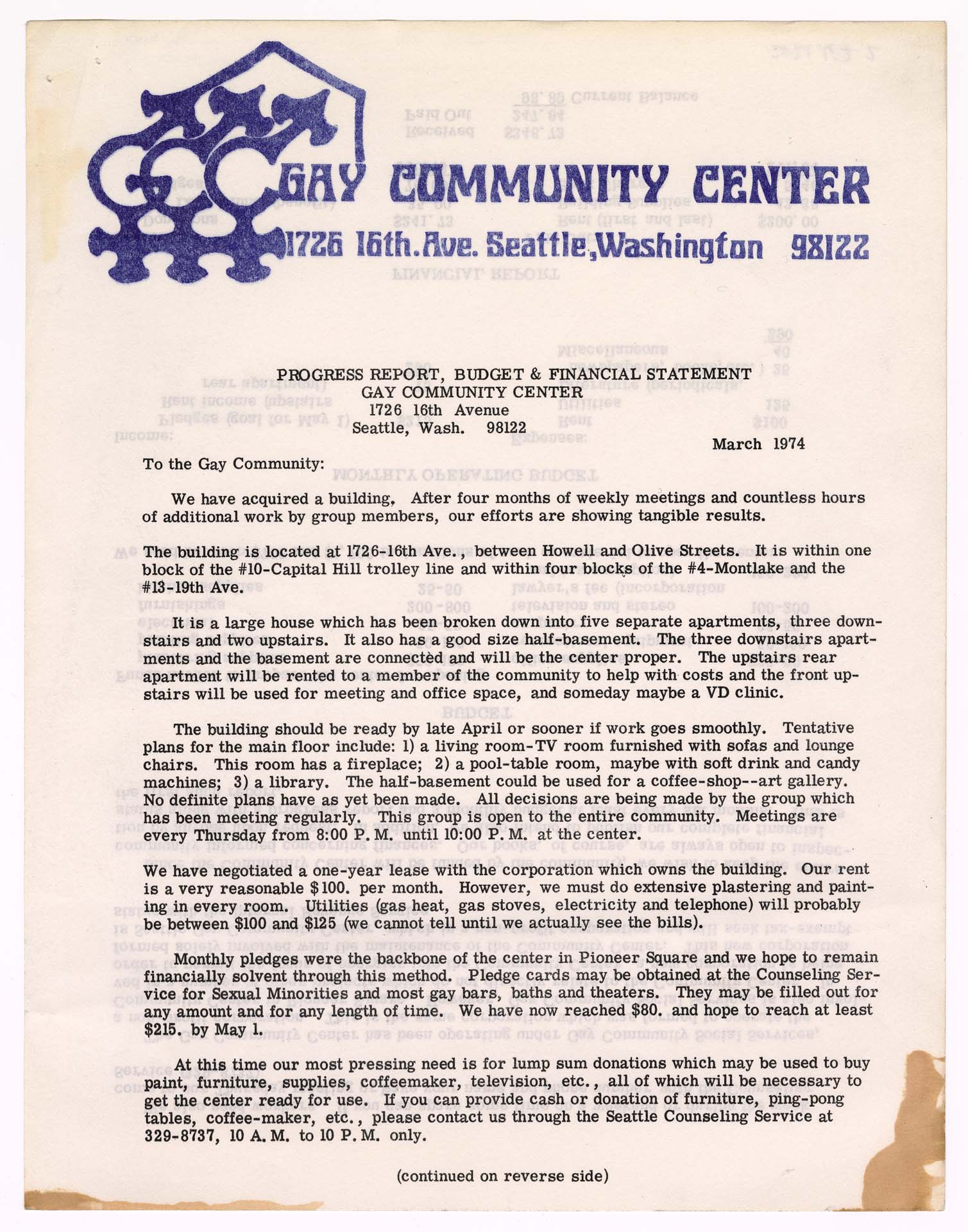 Image of Gay Community Center newsletter, March 1974