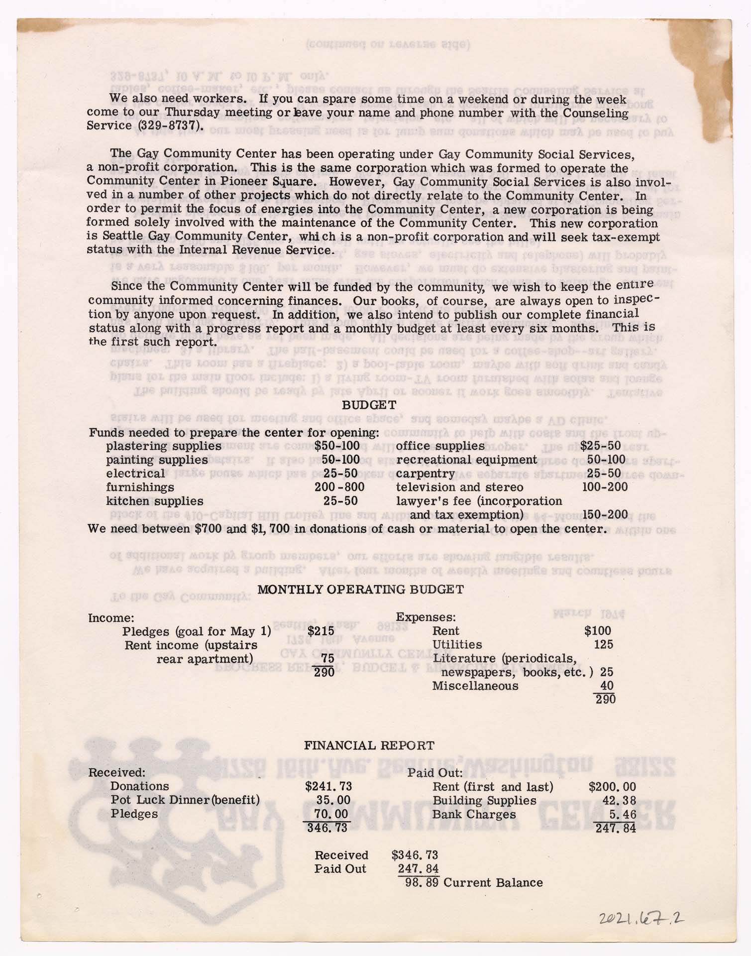 Image of Gay Community Center newsletter, March 1974