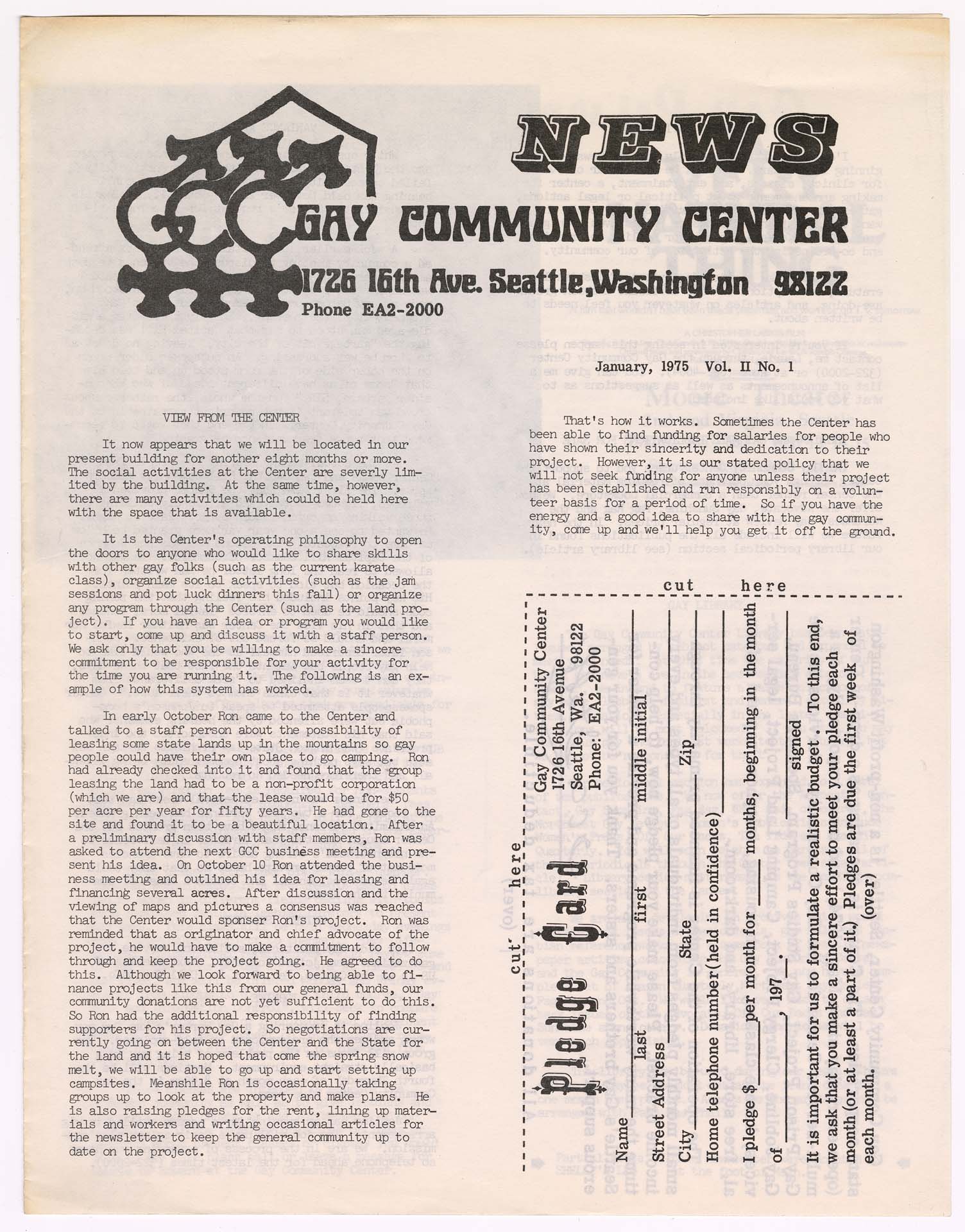 Image of Gay Community Center newsletter, January 1975