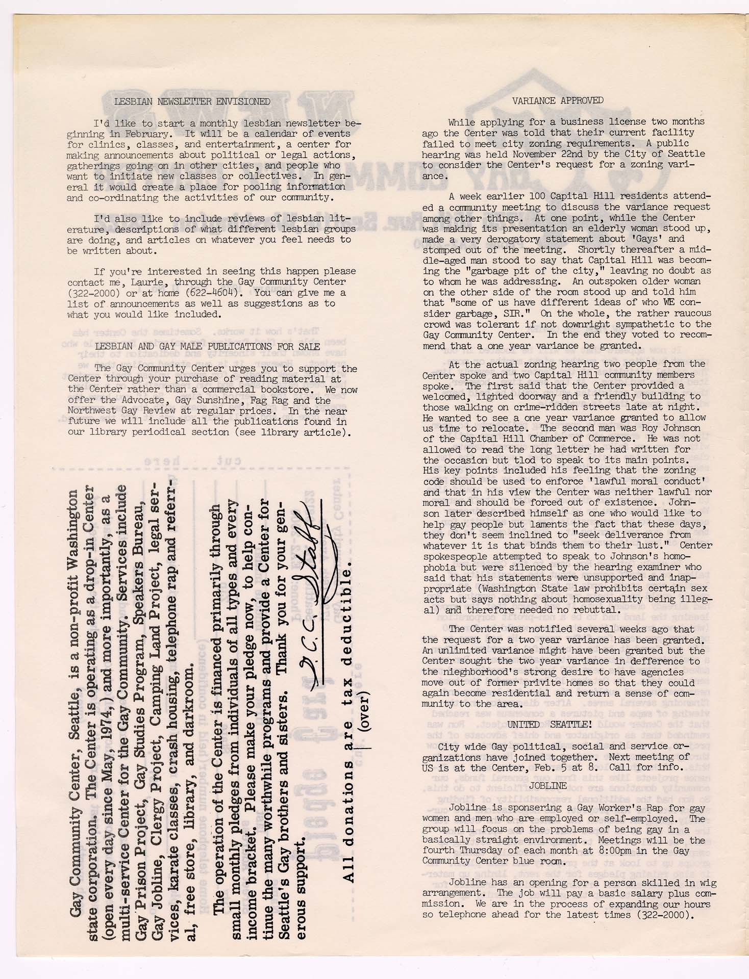 Image of Gay Community Center newsletter, January 1975
