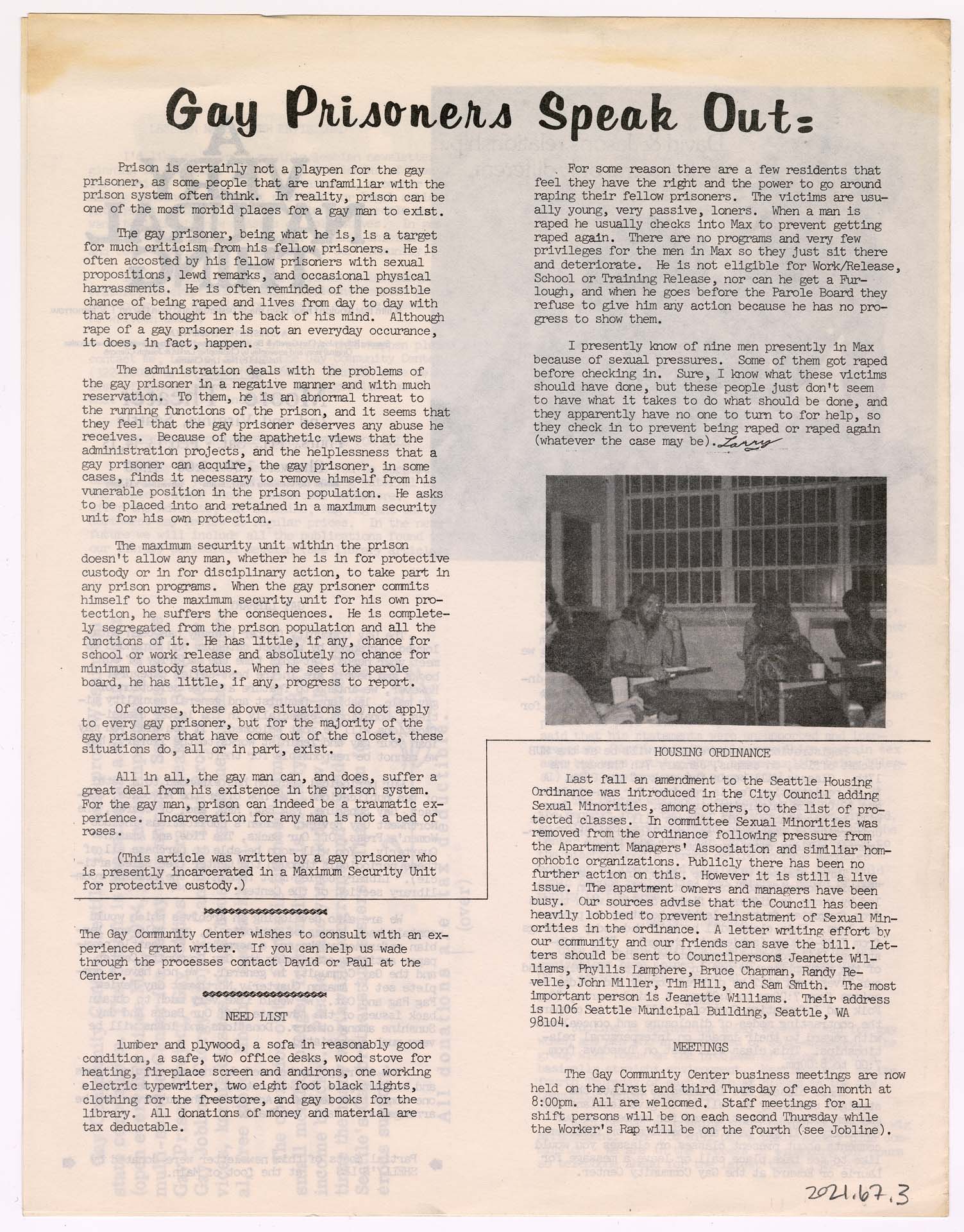 Image of Gay Community Center newsletter, January 1975