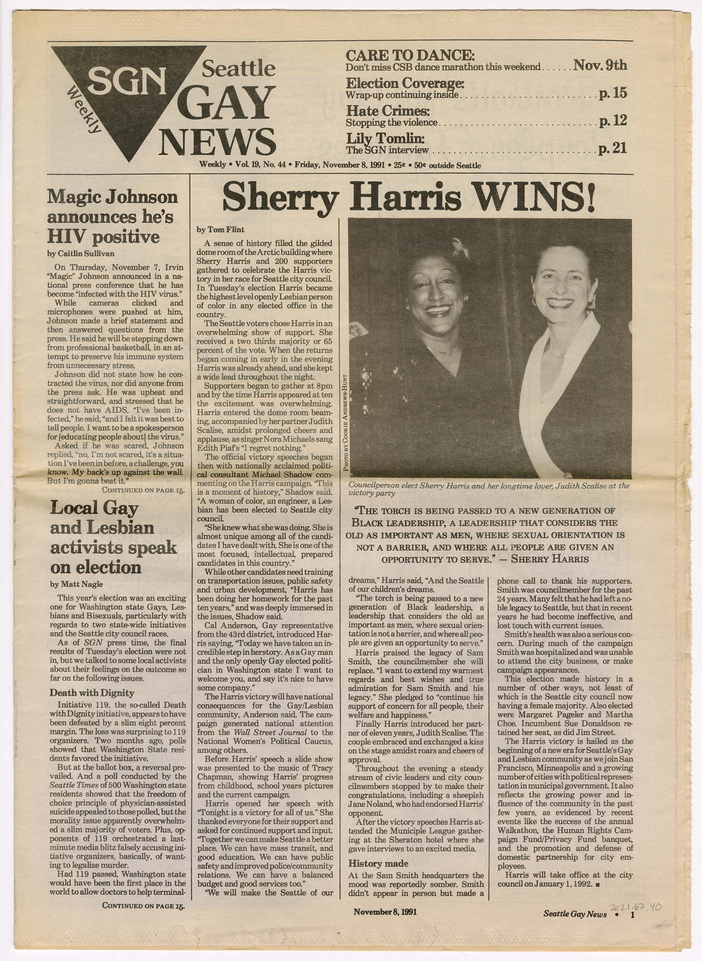 Image of Seattle Gay News, Vol. 19, No. 44, November 8, 1991
