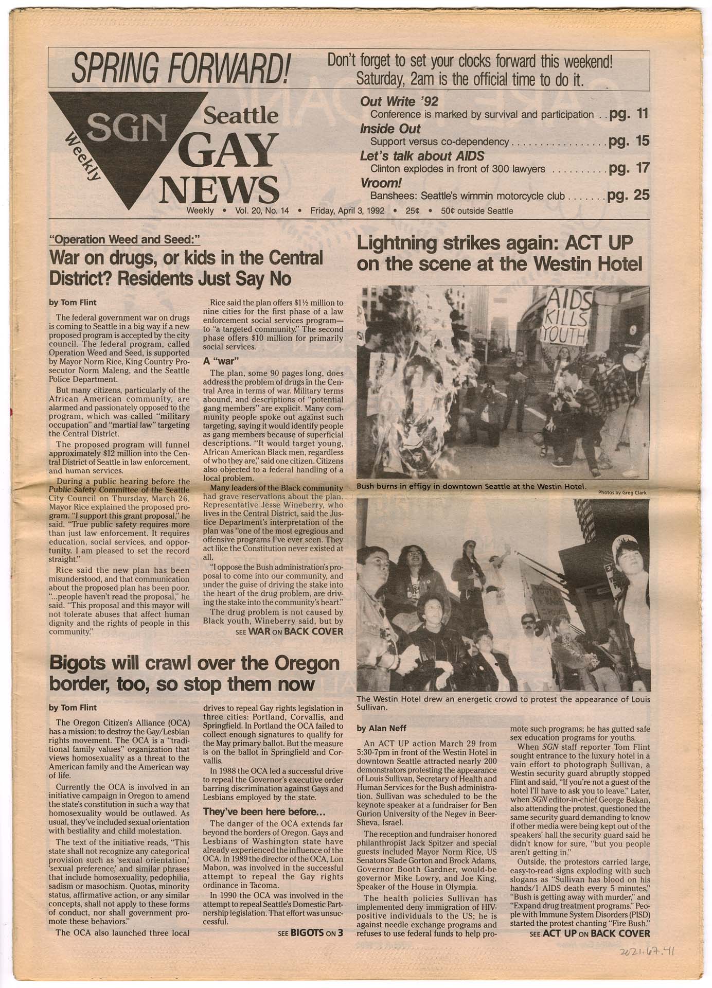 Image of Seattle Gay News,Vol. 20, No. 14, April 3, 1992