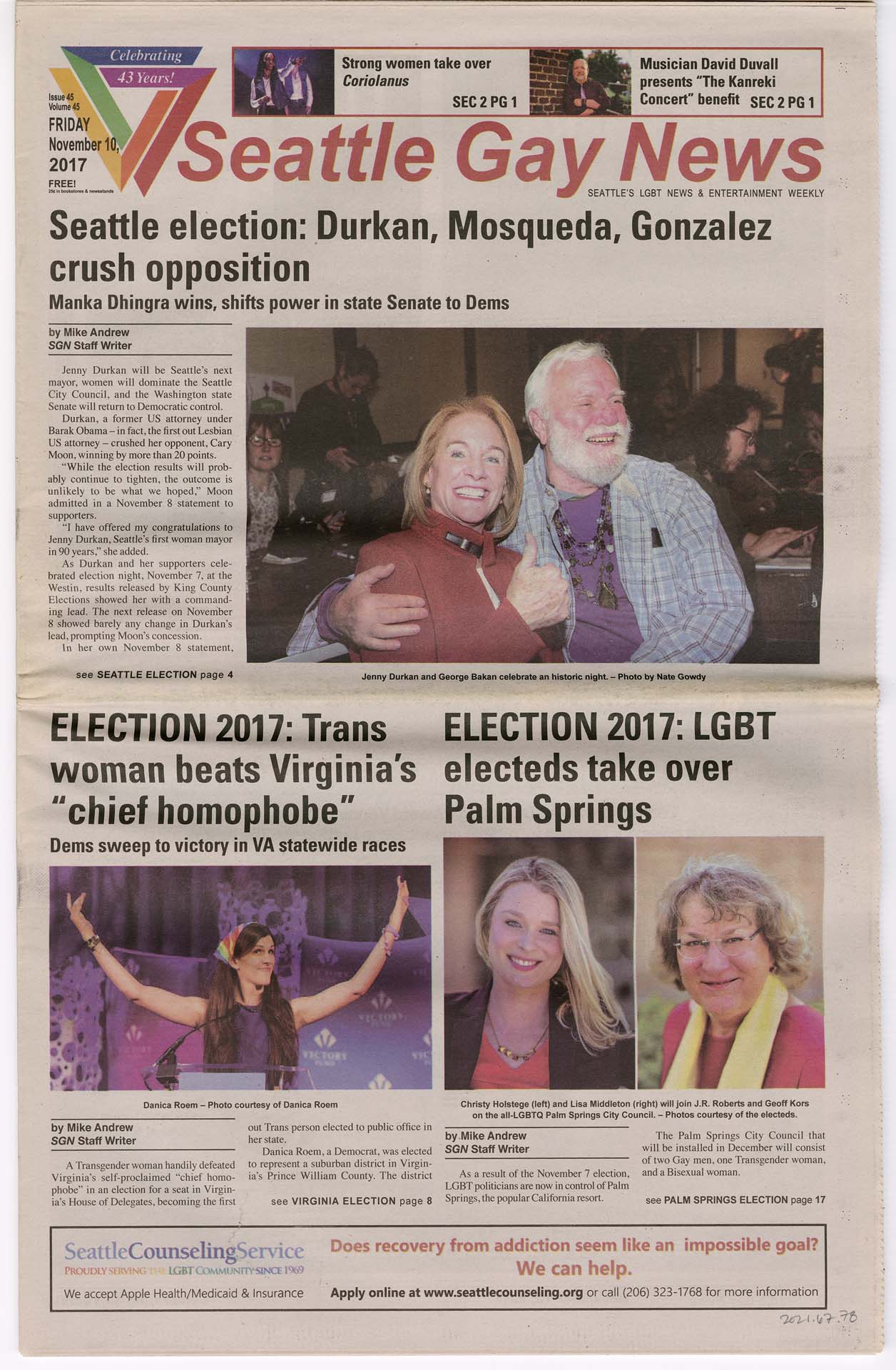 Image of Seattle Gay News Vol. 45, No. 45,  November 10, 2017