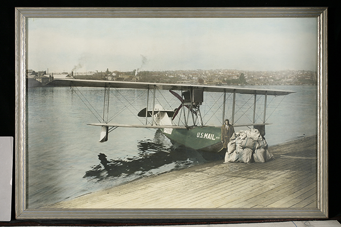 Image of Colorized photograph of Boeing B-1 mail plane on Lake Union, 1919