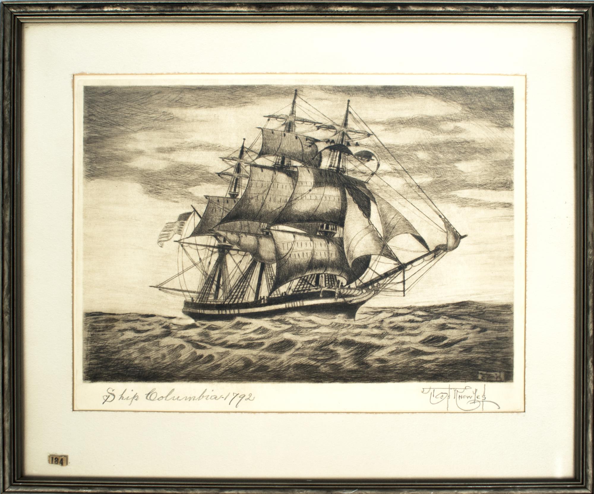 Image of Copper plate etching of the ship Columbia Rediviva in 1792, by Joe Knowles, ca. 1930