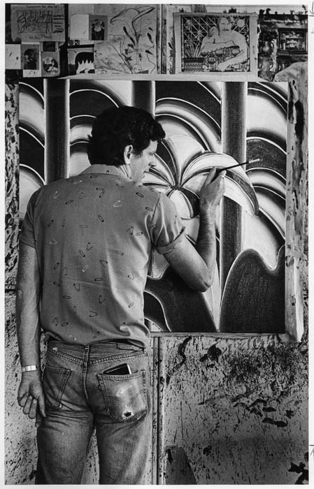 Image of Ned Behnke painting in his studio, Seattle, August 1981