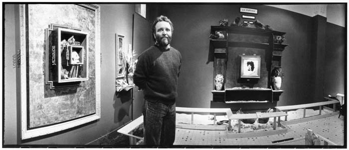 Image of Dennis Evans with his work at the Linda Ferris Gallery, Seattle, January 1989