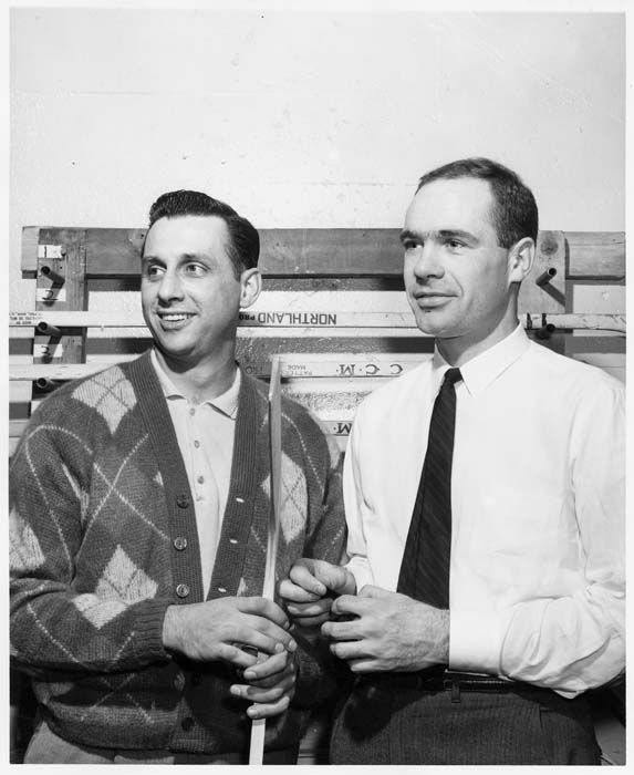 Image of Rudy Filion and Bill MacFarland, Seattle Totems hockey players, March 29, 1962