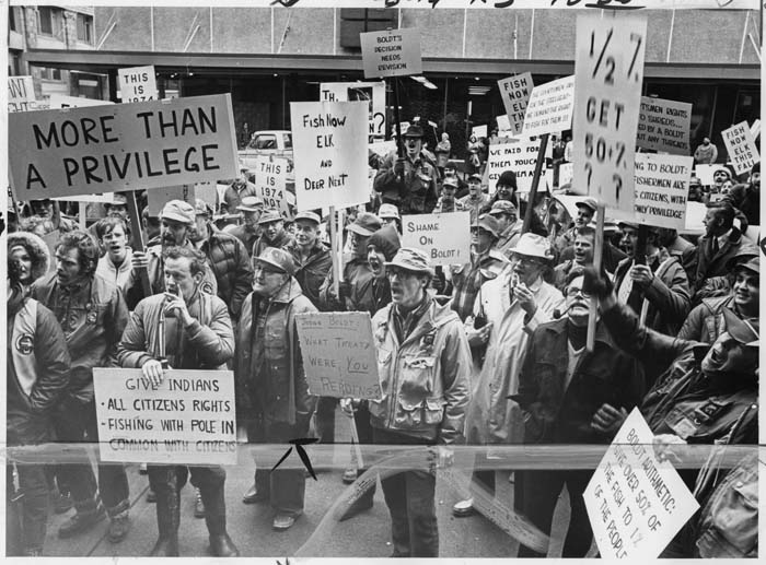 Image of Sports fishers picketing Boldt decision at Federal Building, Tacoma, March 5, 1974