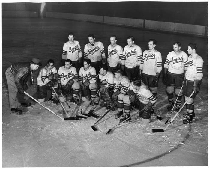Image of Seattle Ironmen hockey team group photo, April 1950