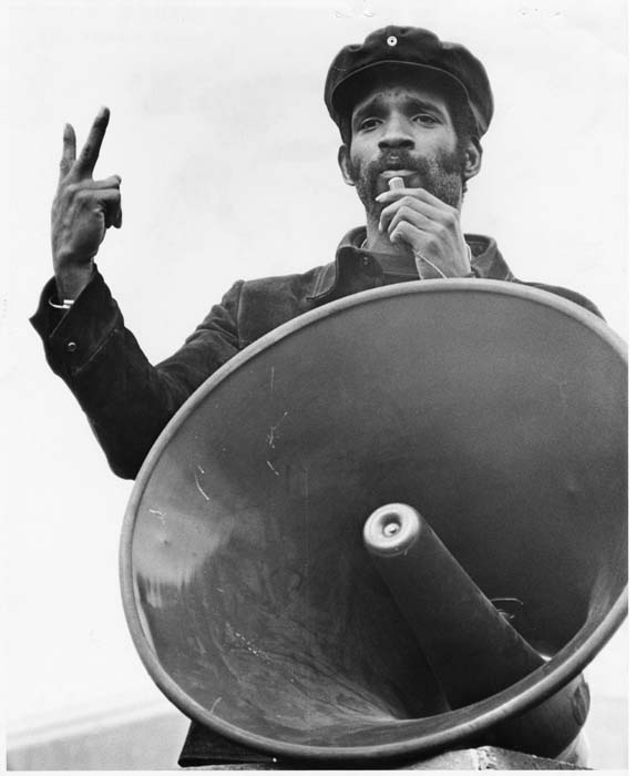 Image of Ron Johnson speaking at rally on killing of Joseph Hebert, Seattle, March 6, 1975