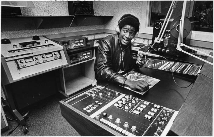 Image of Student Eddie Releford in Cleveland High School's radio/television studio, Seattle, November 25, 1979