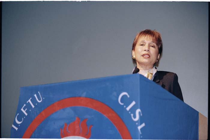 Image of Alexis Herman, U.S. Secretary of Labor, speaking at the WTO Conference, Seattle, November 28, 1999
