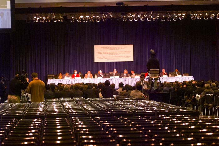 Image of WTO panel listening to critics, Seattle, November 29, 1999