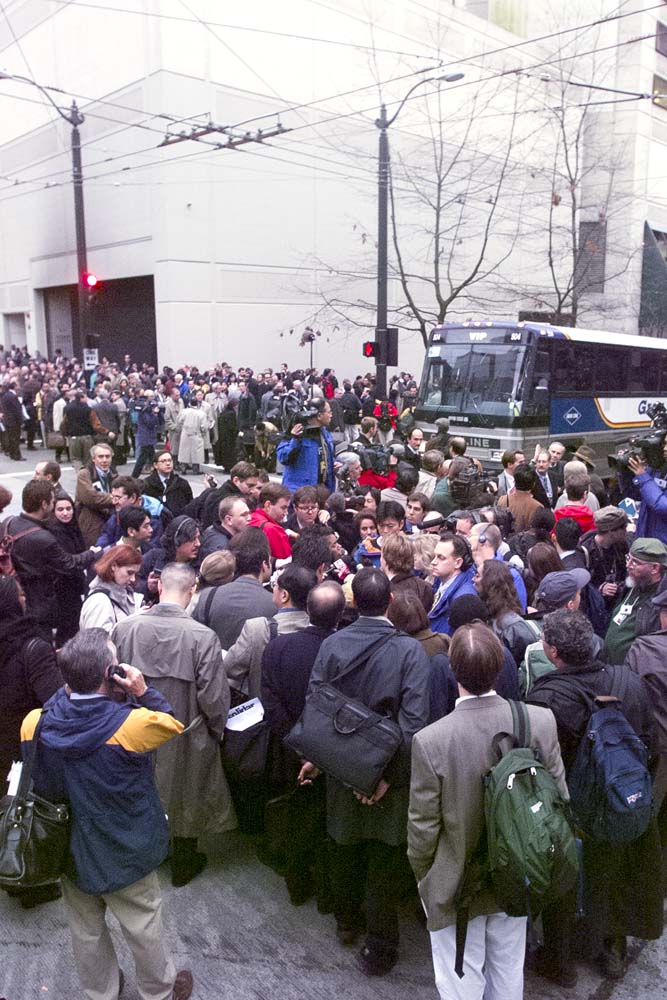 Image of Press waiting for access to Convention Center during WTO conference, Seattle, November 29, 1999