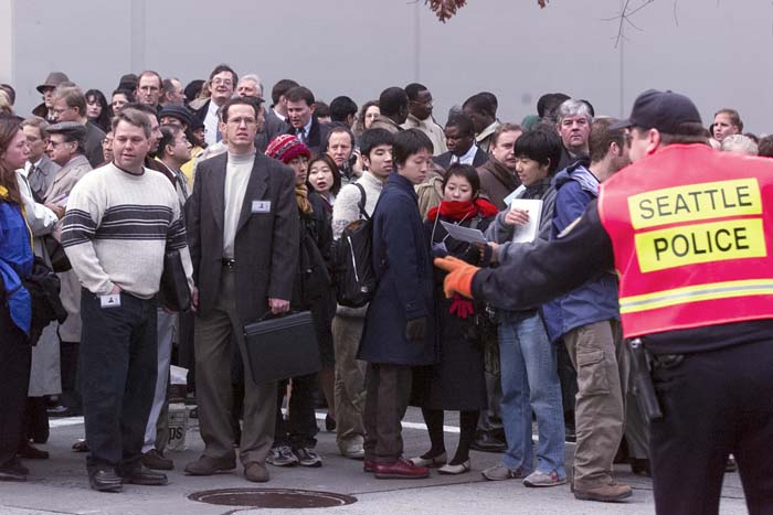 Image of Delegates and others waiting for access to the WTO conference, November 29, 1999