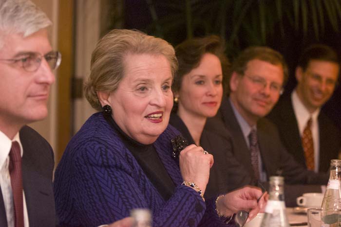Image of US Secretary of State Madeleine Albright and others speaking at WTO conference, November 29, 1999
