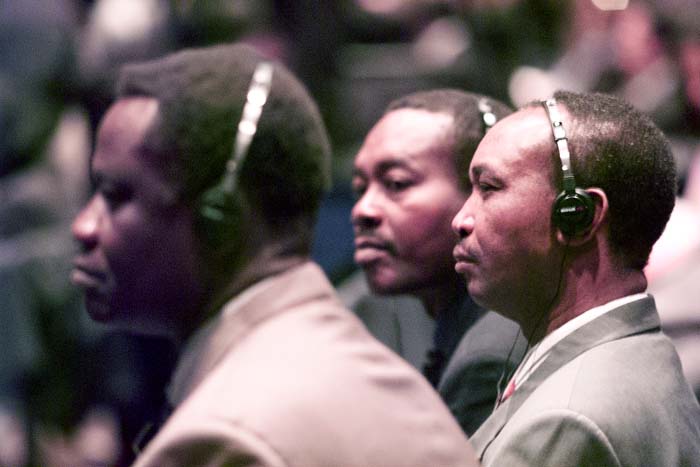 Image of WTO ministers from Chad and Central Africa Republic listening to Plenary Session, Seattle, November 30, 1999