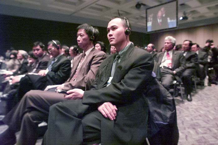 Image of WTO delegates listening to a speaker, Seattle, November 30, 1999