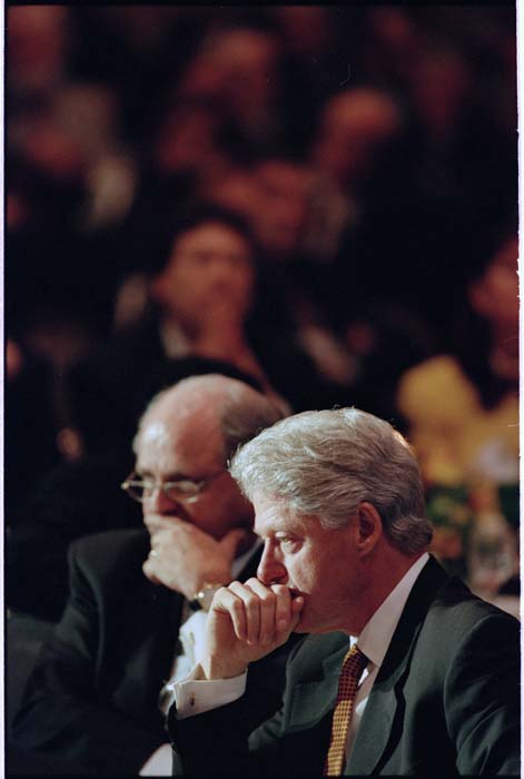 Image of Bill Clinton with Mike Moore, director-general of the WTO, Seattle, December 1, 1999