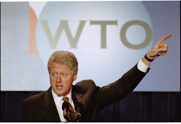 Image of Bill Clinton speaking to trade ministers at WTO conference, Seattle, December 1, 1999