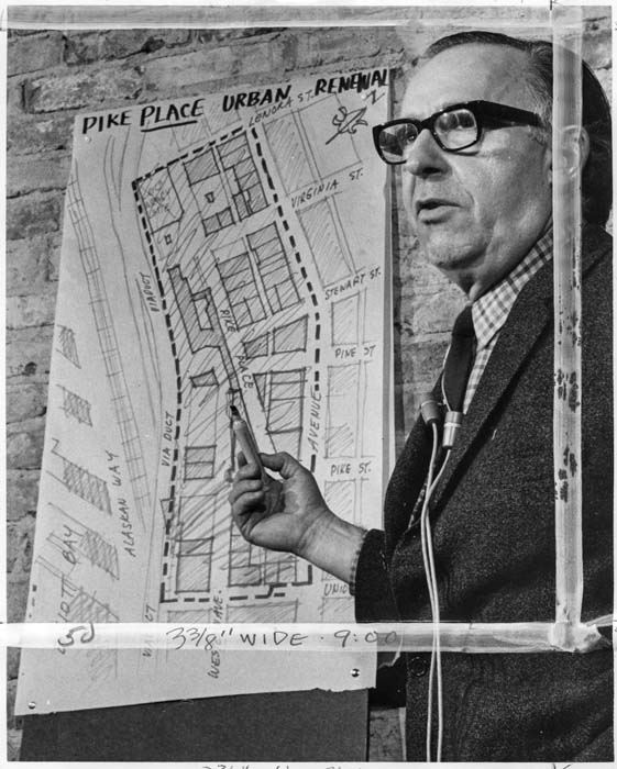 Image of Victor Steinbrueck at press conference about saving Pike Place Market, Seattle, March 5, 1969