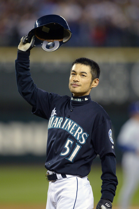Image of Ichiro Suzuki acknowledging the fans after his record tying 257th hit, Safeco Field, Seattle, October 1, 2004