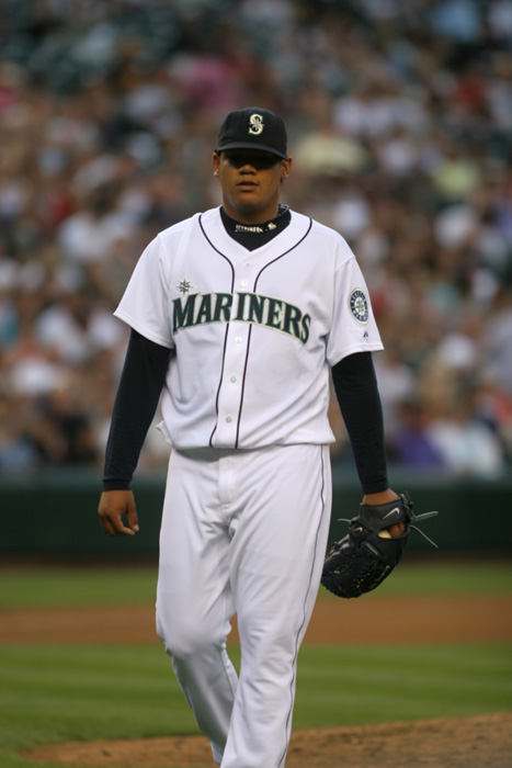 Image of Félix Hernández on field during his first winning game, Safeco Field, Seattle, August 9, 2005