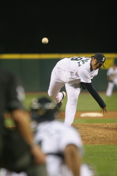 Image of Félix Hernández pitching during his first win, Safeco Field, Seattle, August 9, 2005