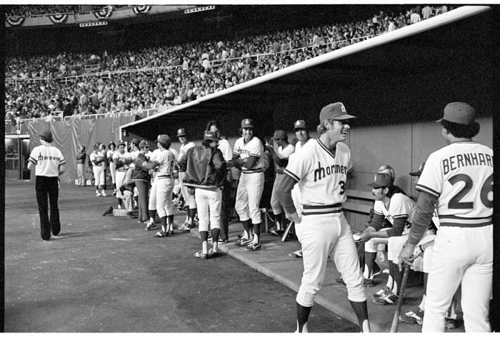 Image of Mariners dugout at first Mariners game, April 6, 1977