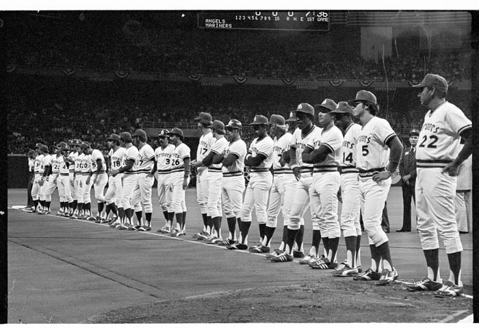 Image of Mariners team lined up before first game, April 6, 1977
