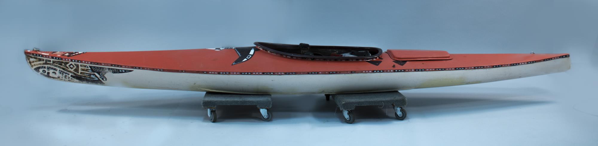 Image of Fiberglass kayak designed and used by Wolf Bauer, 1962